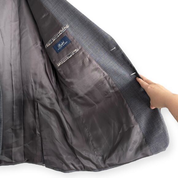 Ralph Lauren 100% Wool Gray Plaid Two Button Double Vented Blazer Men's Size 46L - Picture 9 of 12